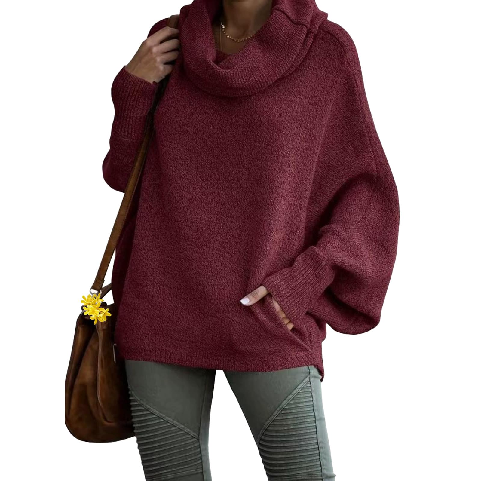 Fashion Cowl Neck Pullover Sweater for Women Comfy Plus Size Lantern Long Sleeve Jumper Tops Turtleneck Knit Jumper