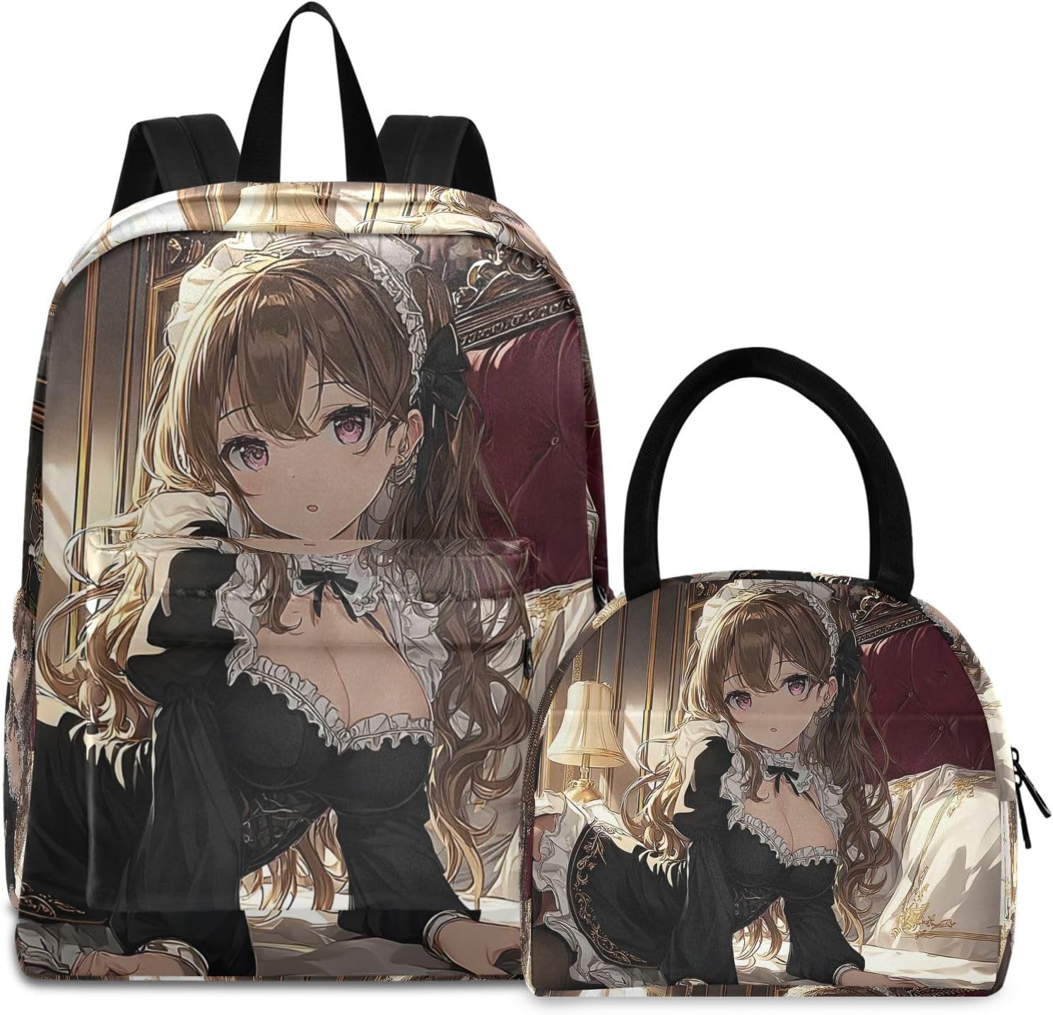 Anime Woman Bed Laptop Backpack and Insulated Lunch Bag Set for Work Picnic - Fits 15.6 Inch Computer, Lightweight with Organizer Pockets for Women Men and Adult