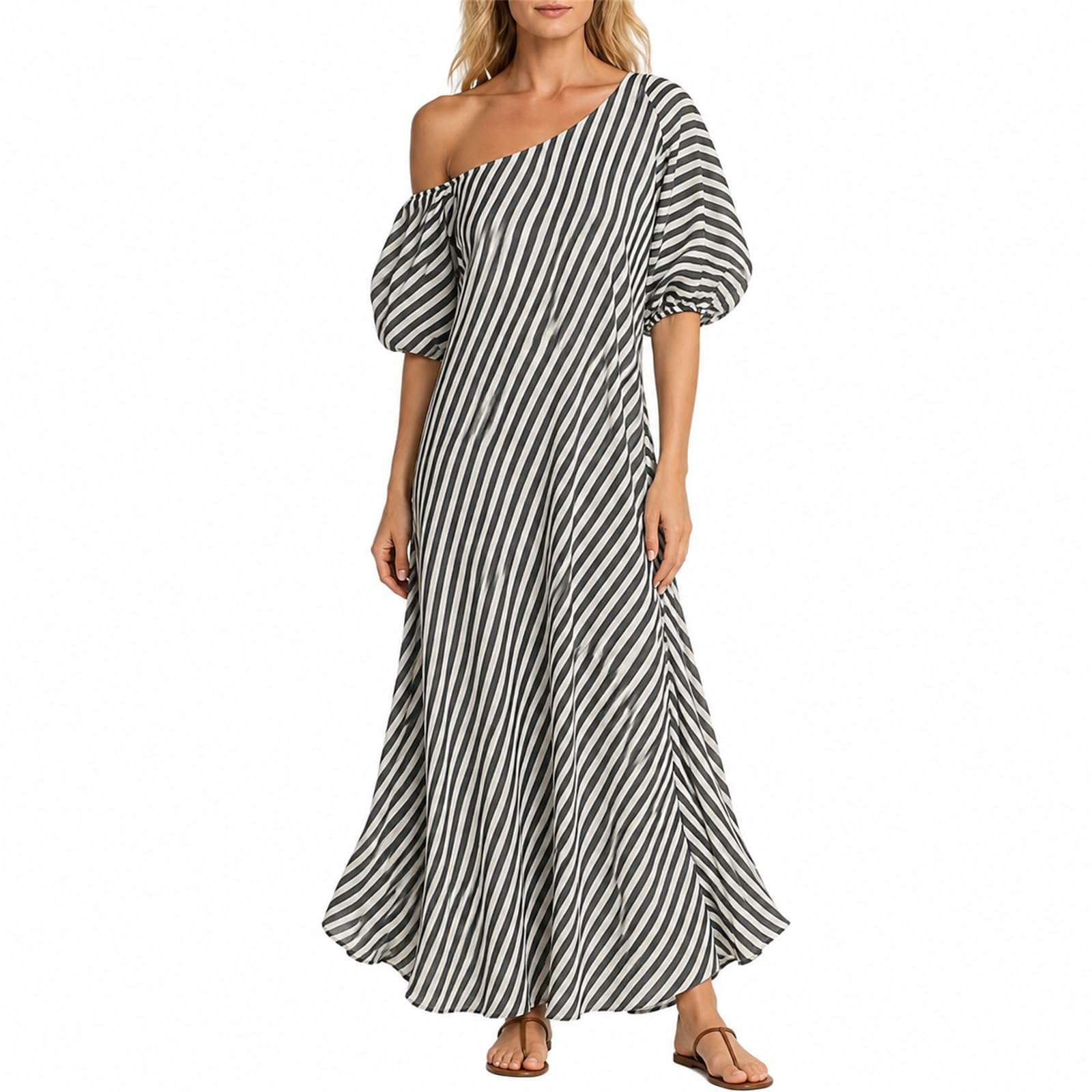 Maxi abito estivo da donna a righe con spalle scoperte, con maniche a