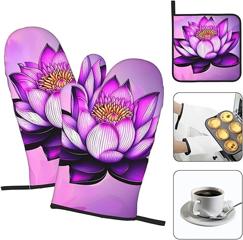 Miniatura 3 de Purple Lotus Oven Mitt and Pot Holder Set, Anti-Scalding Material, Thick and Durable, Anti-Scalding and Insulated.