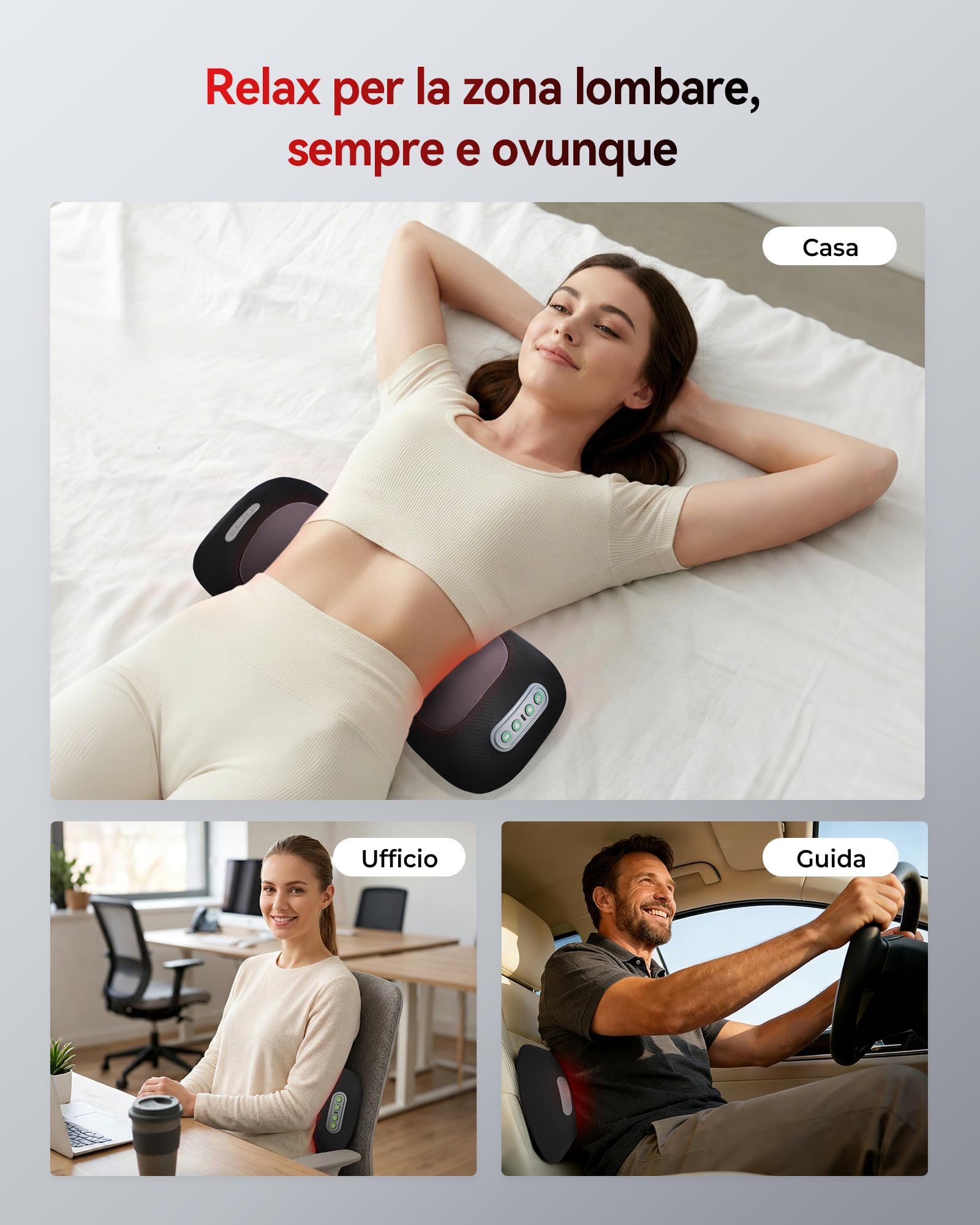 FliKEZE 4 in 1 Cuscino Massaggiante Lombare con Luce Rossa, 5000mAh | Cuscino massaggiante senza fili e ricaricabile con calore, vibrazione e supporto ad aria per casa, ufficio e viaggio