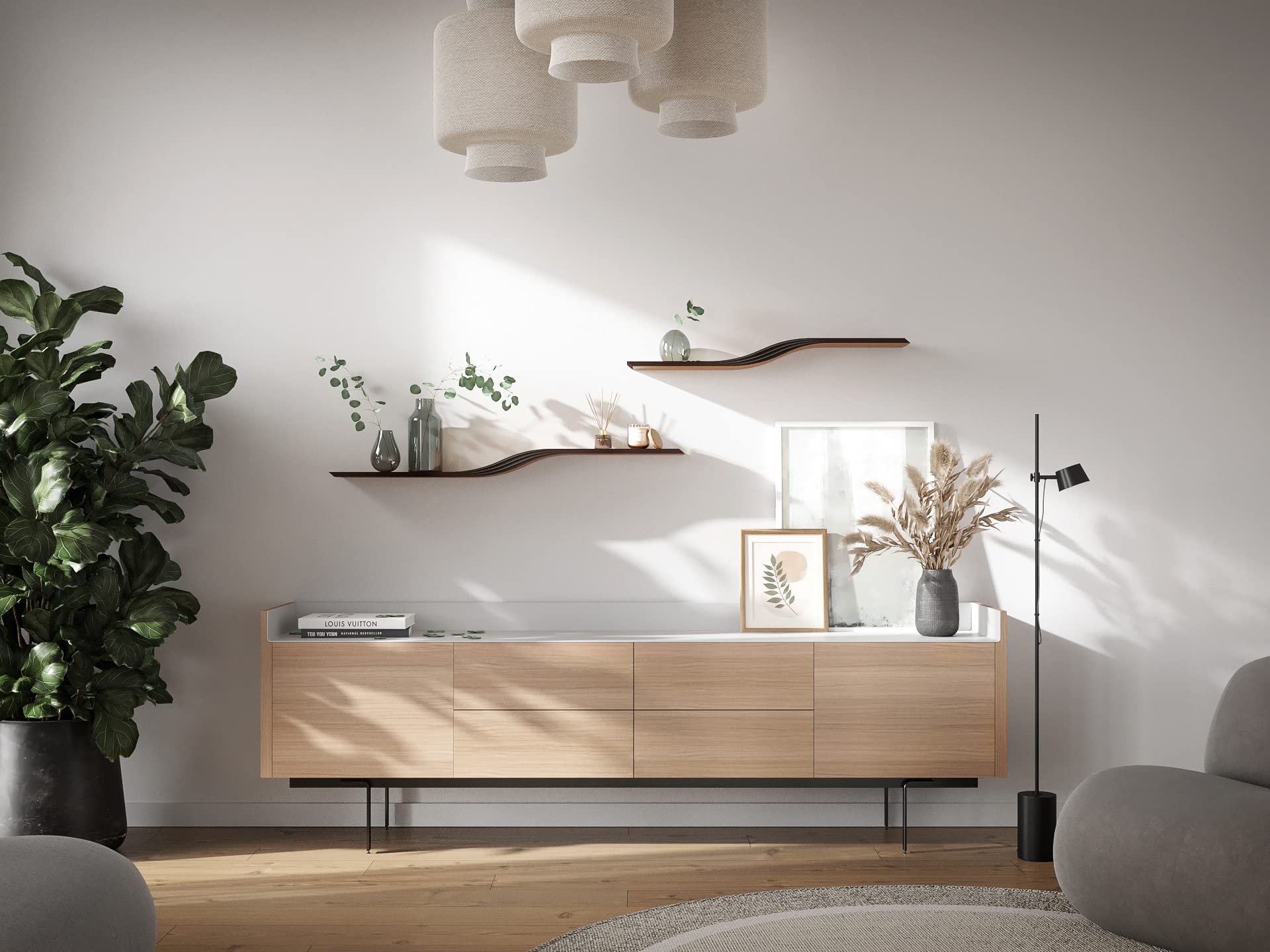 EWART WOODS Estante flotante de pared curvado de madera para colgar geométricos, estantes de madera modernos muebles hechos a mano (nogal, 95 cm)