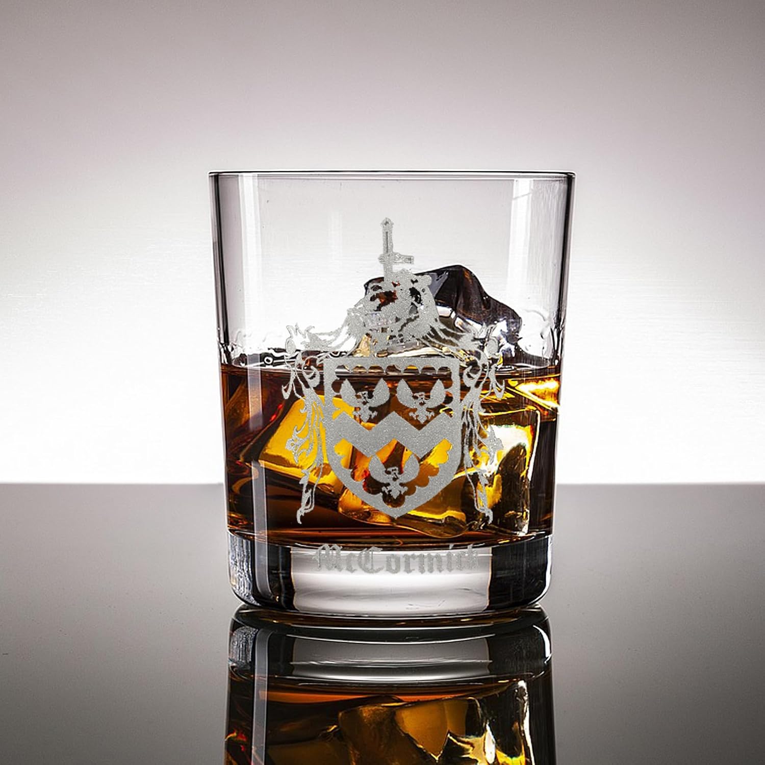 Custom FamilyCrest Whiskey Glass, Made to Order Heirloom Coat of Arms 10oz Rocks Glass