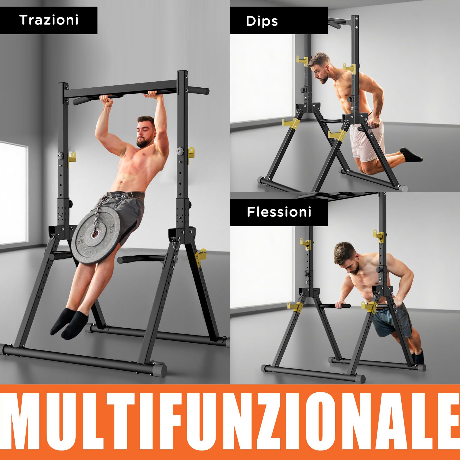 DH FitLife Power Tower Dip Station Pieghevole | Barra per Trazioni Autoportante con Dip Parallele e Supporti per Bilanciere/Schienale | Stazione Fitness Multifunzionale | Power Rack for Home Gym