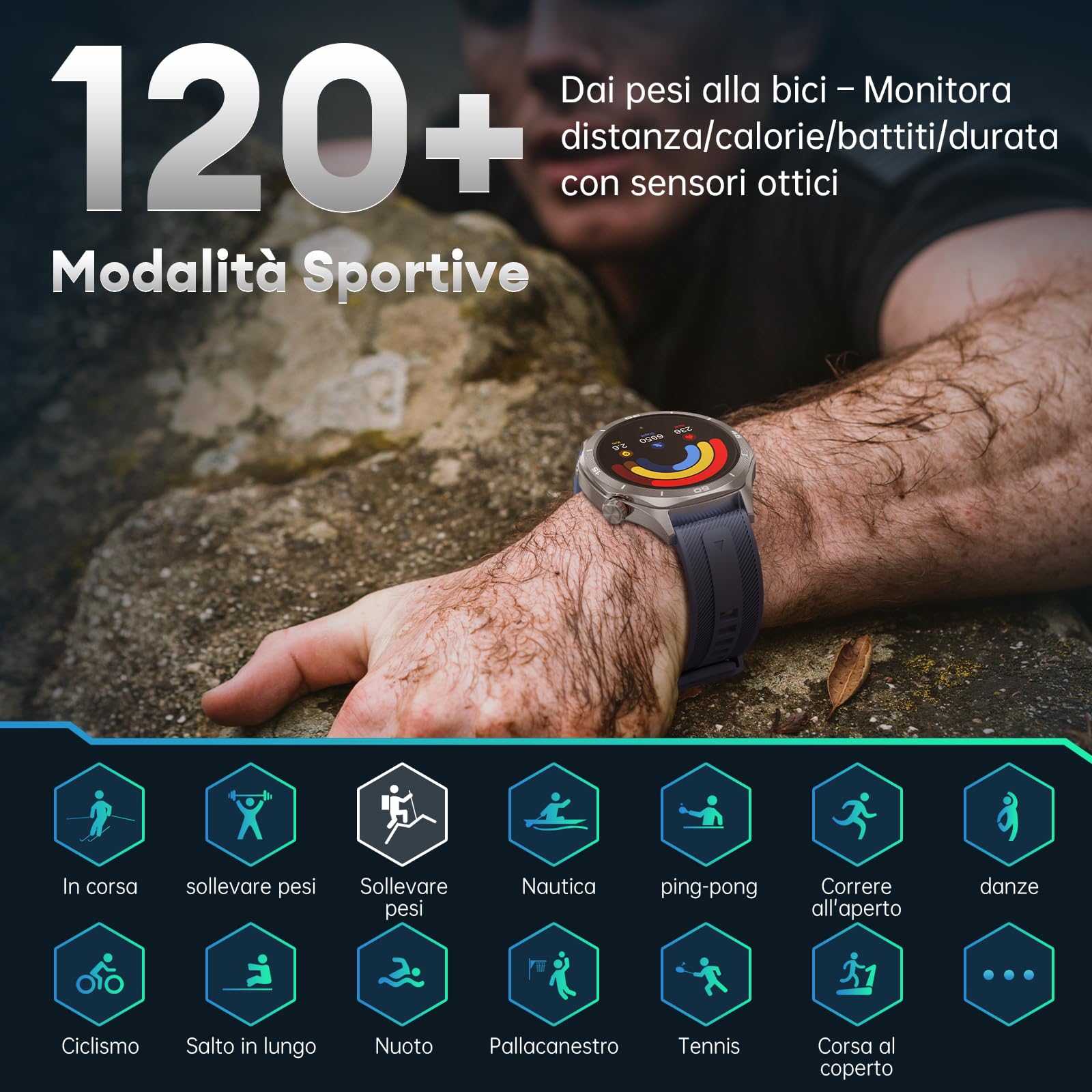 Orologio Smartwatch Uomo, 1,52'' Smart Watch Militare con Batteria 500 mAh/Impermeabile IP68/120+ Modalità Sport/Frequenza Cardiaca/SpO2/Sonno/Contapassi/2 Cinturini per Android iOS, Argento