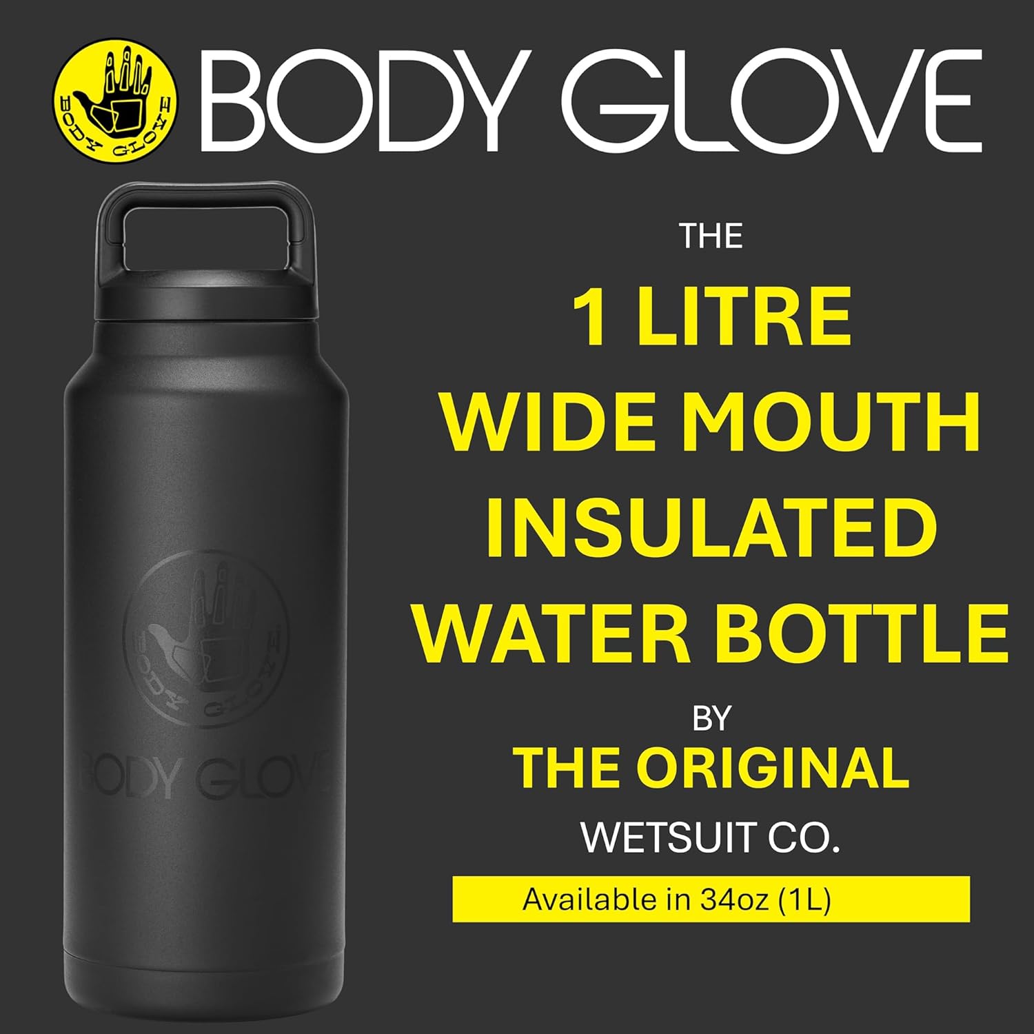 BODY GLOVE 34oz Insulated Stainless Steel Water Bottle, 1L Thermal Flask with Easy Cary Handle for Sports, Work, School (BLACK/34oz)