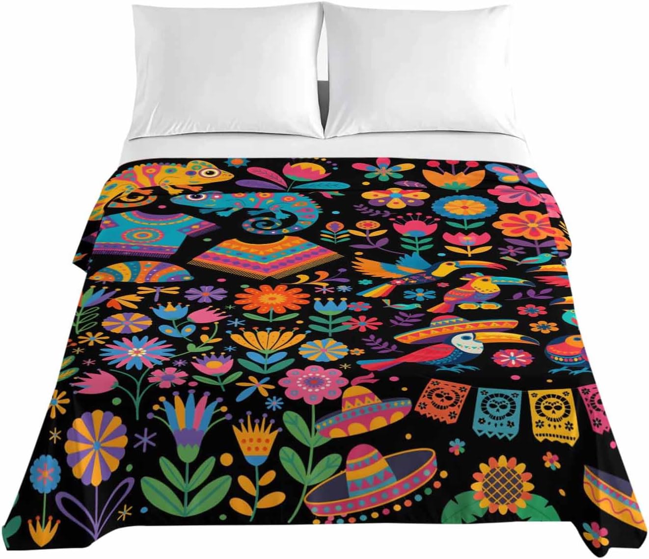 Colorful Cartoon Full Size Sheets - Hotel Quality Full Flat Sheet Only 1 Pack, Funny Flowers Guitar Animals Ethnic Art Soft Bed Sheet Brushed Microfiber Bedding Top Sheets for Home Dorm