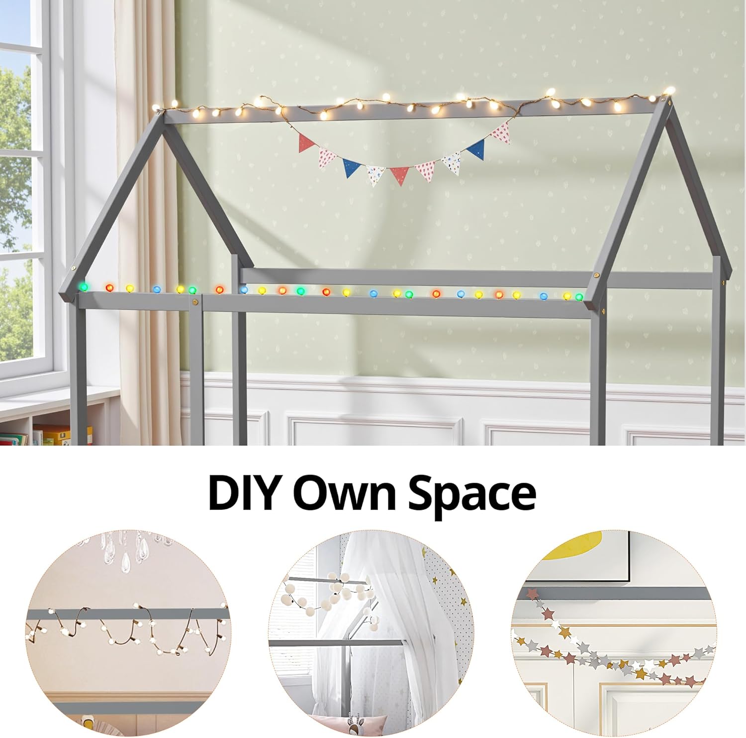 LLS Twin Floor Bed Frame with Roof, Wooden Montessori Bed with Fence, House Bed for Boys Girls Bedroom, Gray