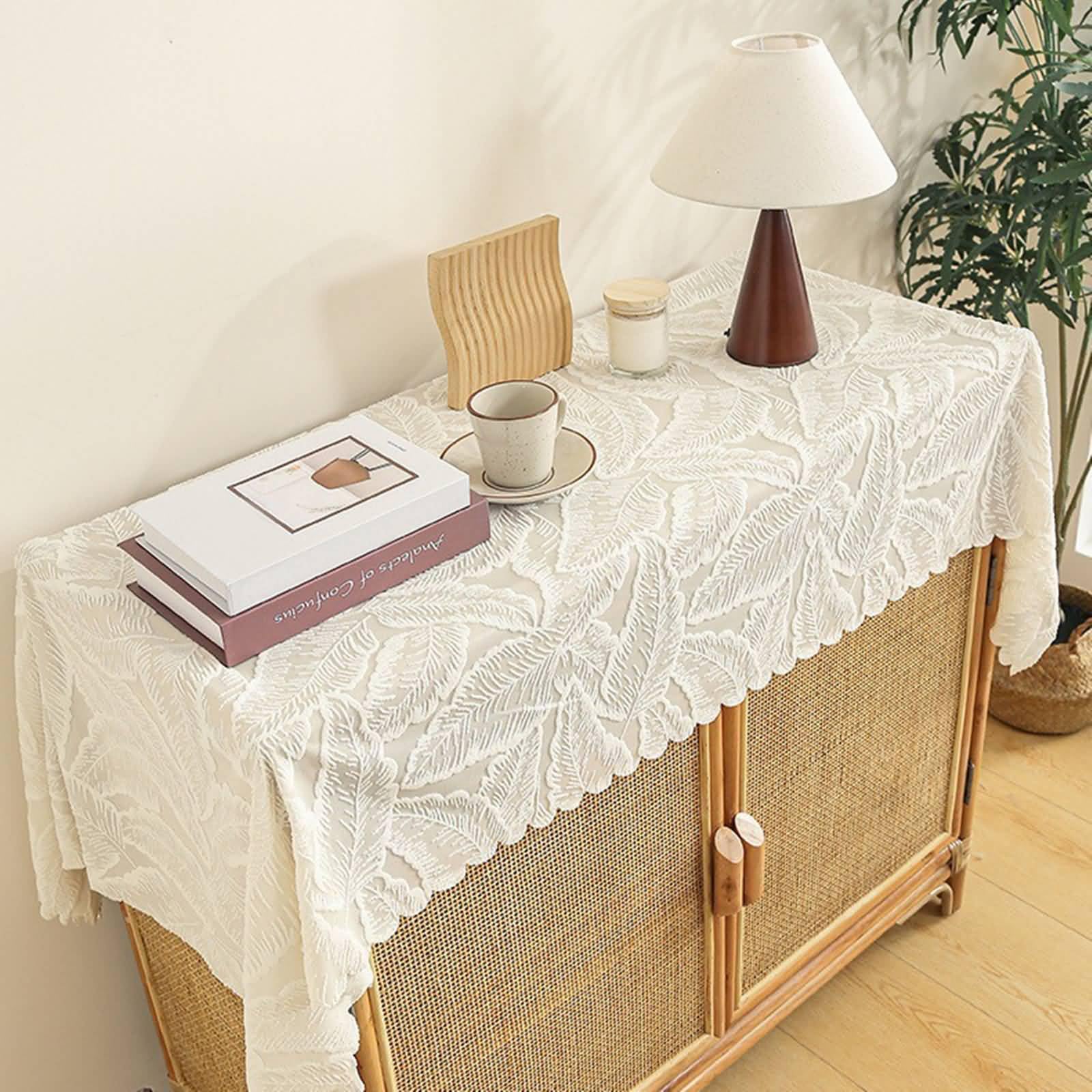 Polyester Tischdecke Landhausstil Vintage, Beige Weiß | 65x220CM