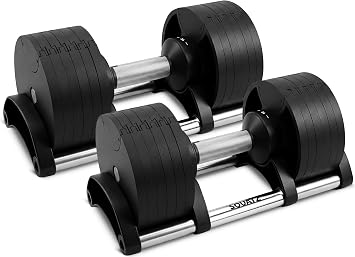 SQUATZ Adjustable Dumbbells with Quick Weight Change, Space-Saving Dumbbell Set with AntiSlip Handle, Secure Locking System, HeavyDuty Plates & Base for Home Workout and Strength Training