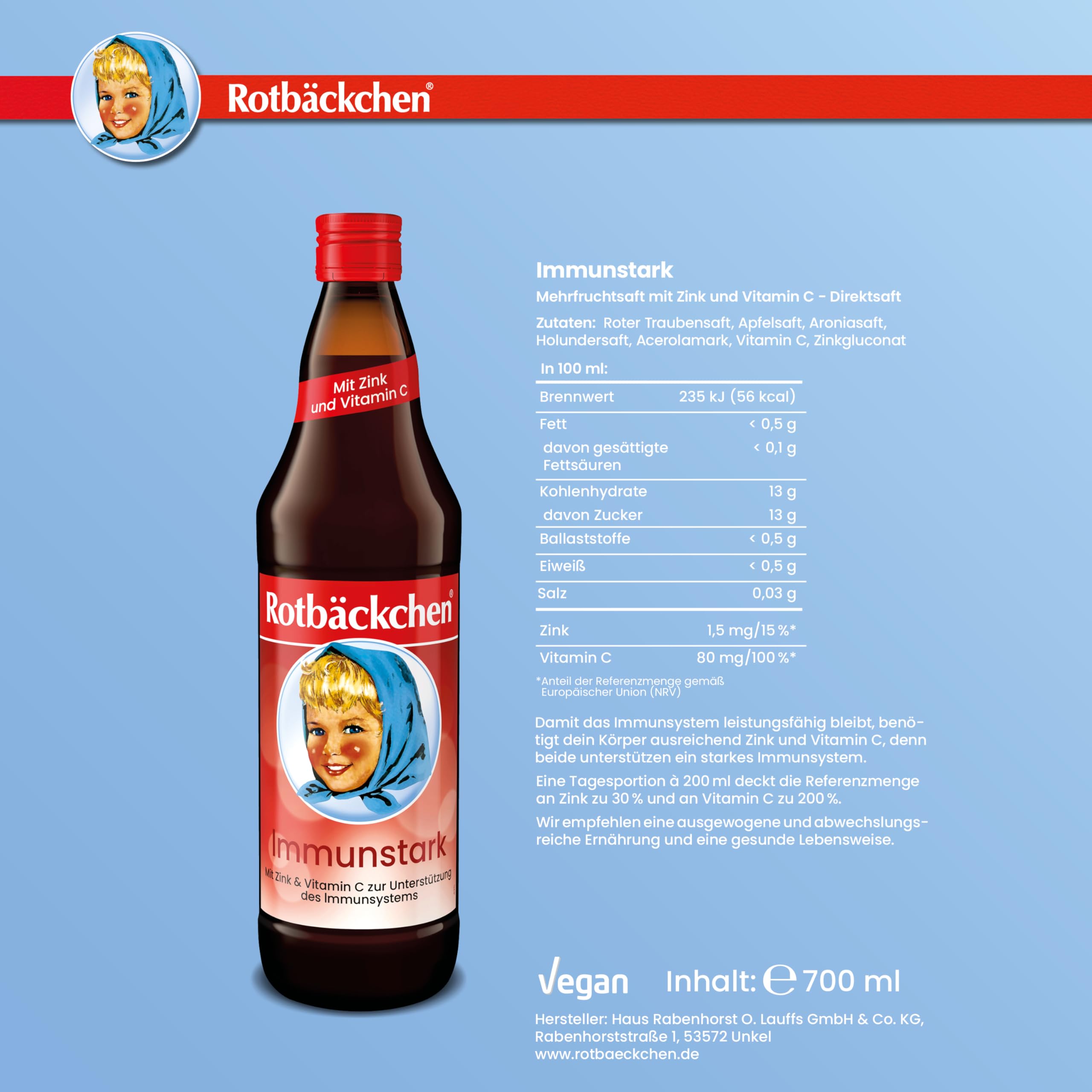 ROTBÄCKCHEN Immunstark 6er Pack (6 x 700 ml) | Mehrfruchtsaft mit Zink und Vitamin C