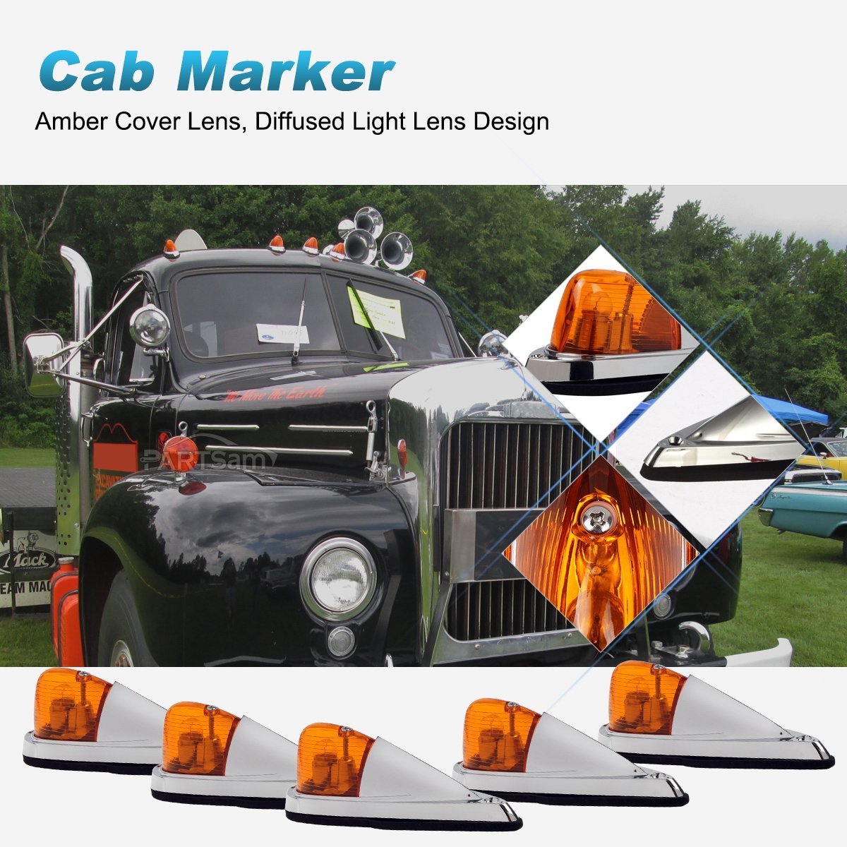 Partsam 5X Amber Cab Marker Top Roof Running Lights Kit Universal
