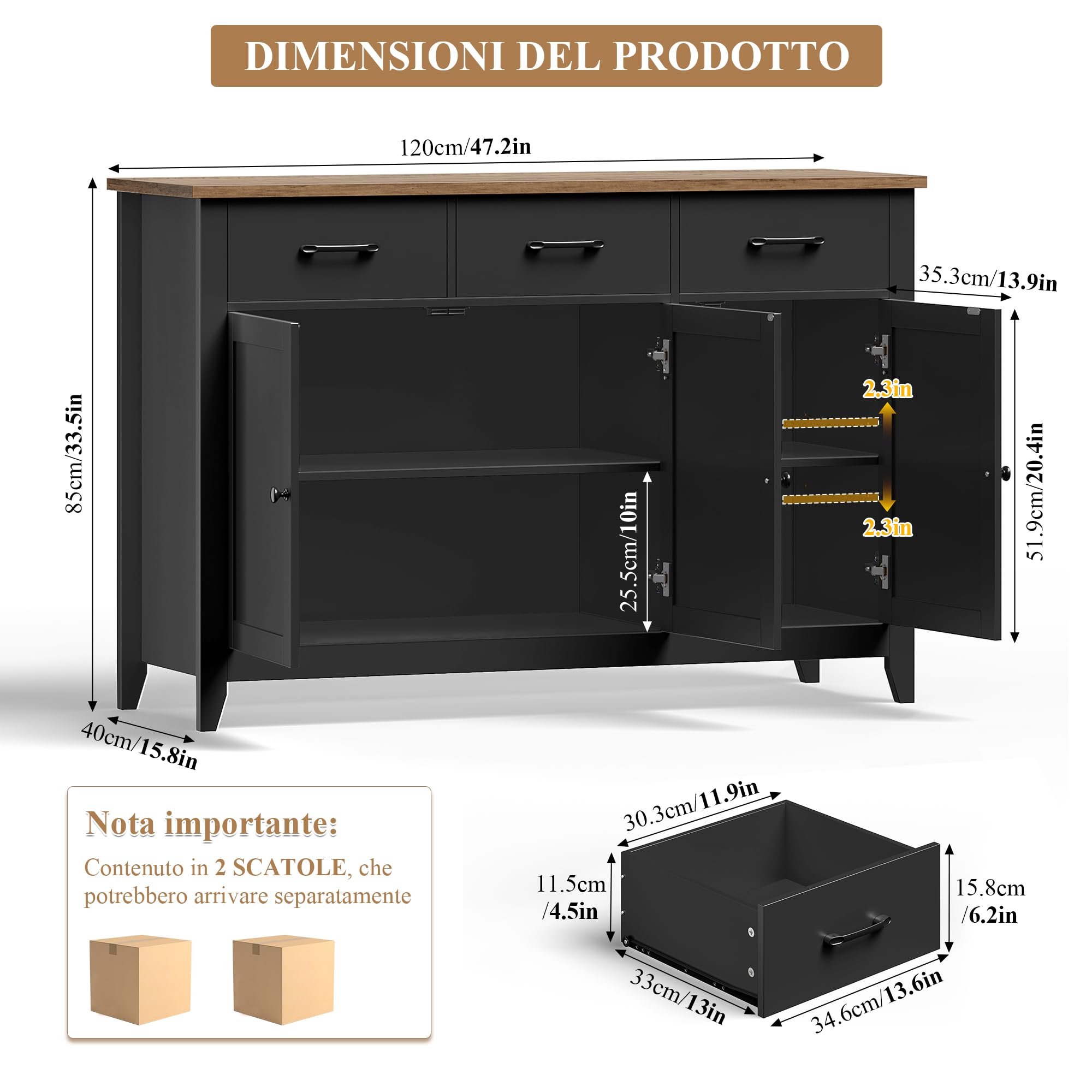 HOCSOK Credenza Cucina, 120 cm Mobile Cucina con 3 Cassetti | Mobile Soggiorno e Buffet Moderno con 3 Ante e Ripiani Regolabili per Soggiorno e Sala da Pranzo, Nero 120x40x85 cm