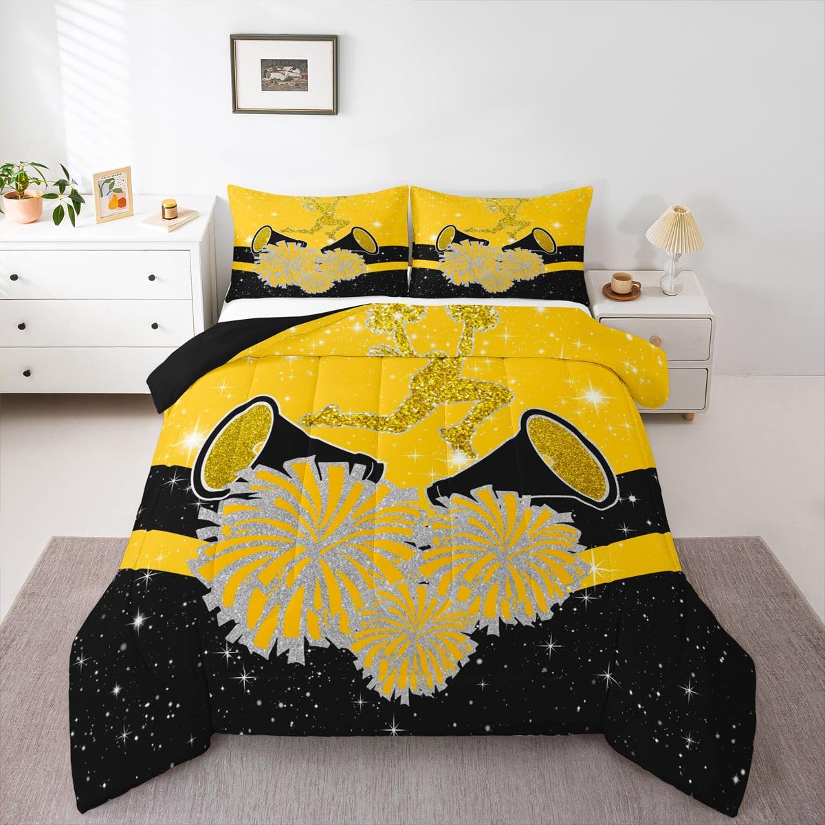 Cheerleader Kids Bedding Sets Cheerleading Glitter Yellow Black Reversible Comforter for Boys Girly Cheerleading Dance Quilt Set Soft Duvet Insert,1 Pillowcase Toddler Size