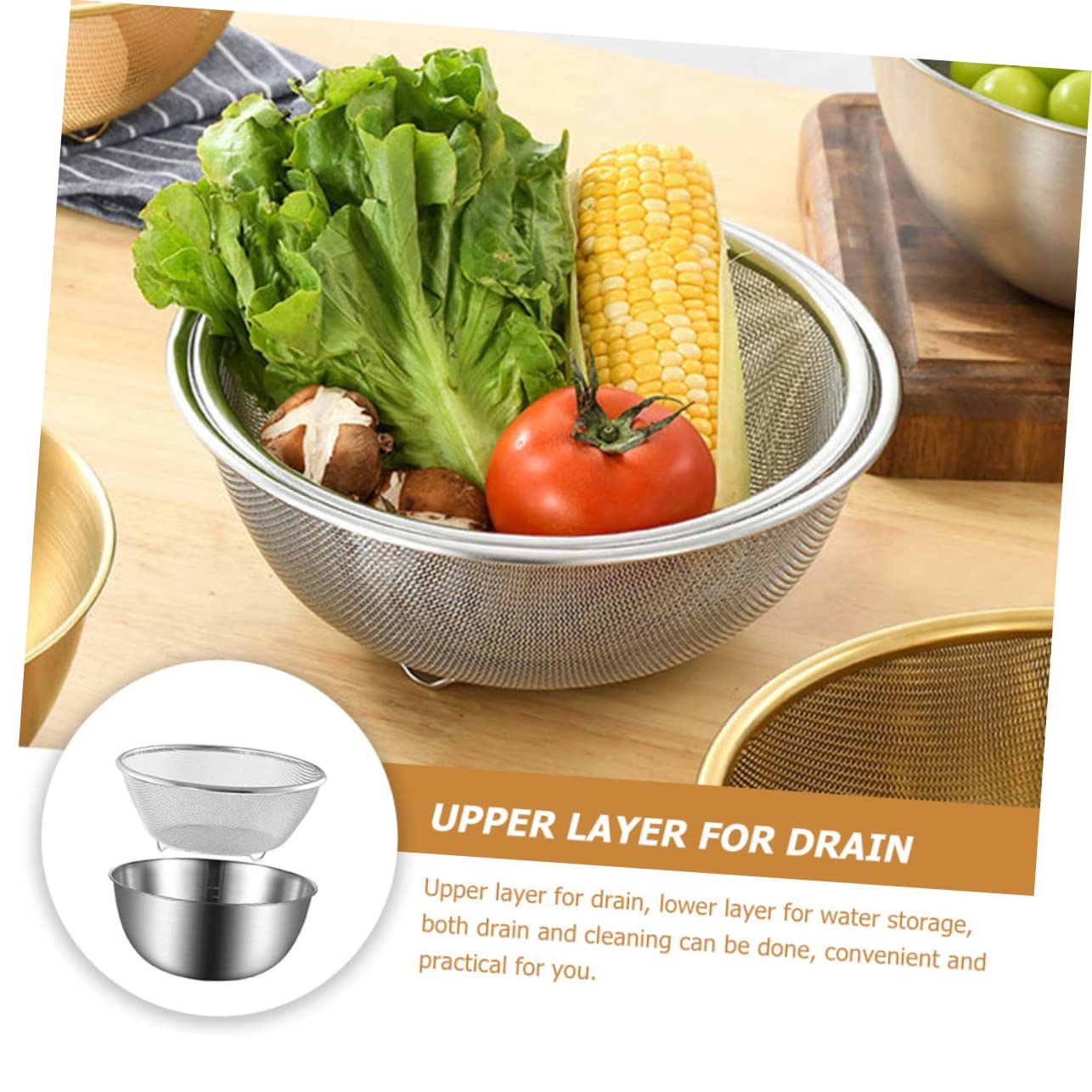 Cesta Colador de Acero Inoxidable 2 Piezas para Lavar Arroz y Frutas, Recipiente de Drenaje Estable y Antideslizante para Cocina