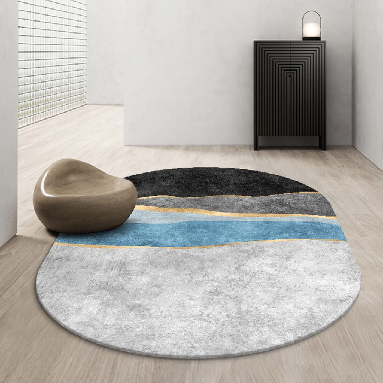 Owalny dywan kryty antypoślizgowy nowoczesny design 140x190cm styl skandynawski sztuka abstrakcyjna szary czarny niebieski złoty linie, salon dekoracyjny sofa gra wewnątrz i na zewnątrz dywan