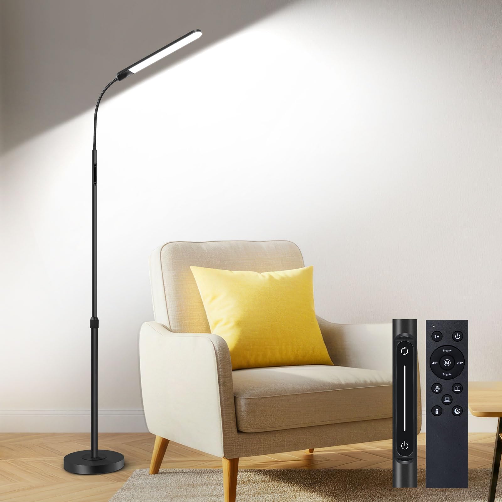 OUTON lámpara de pie LED regulable, lámpara de lectura con 4 temperaturas de color, control remoto y control táctil, temporizador de 1 hora, para sala de estar, dormitorio, oficina, Negro