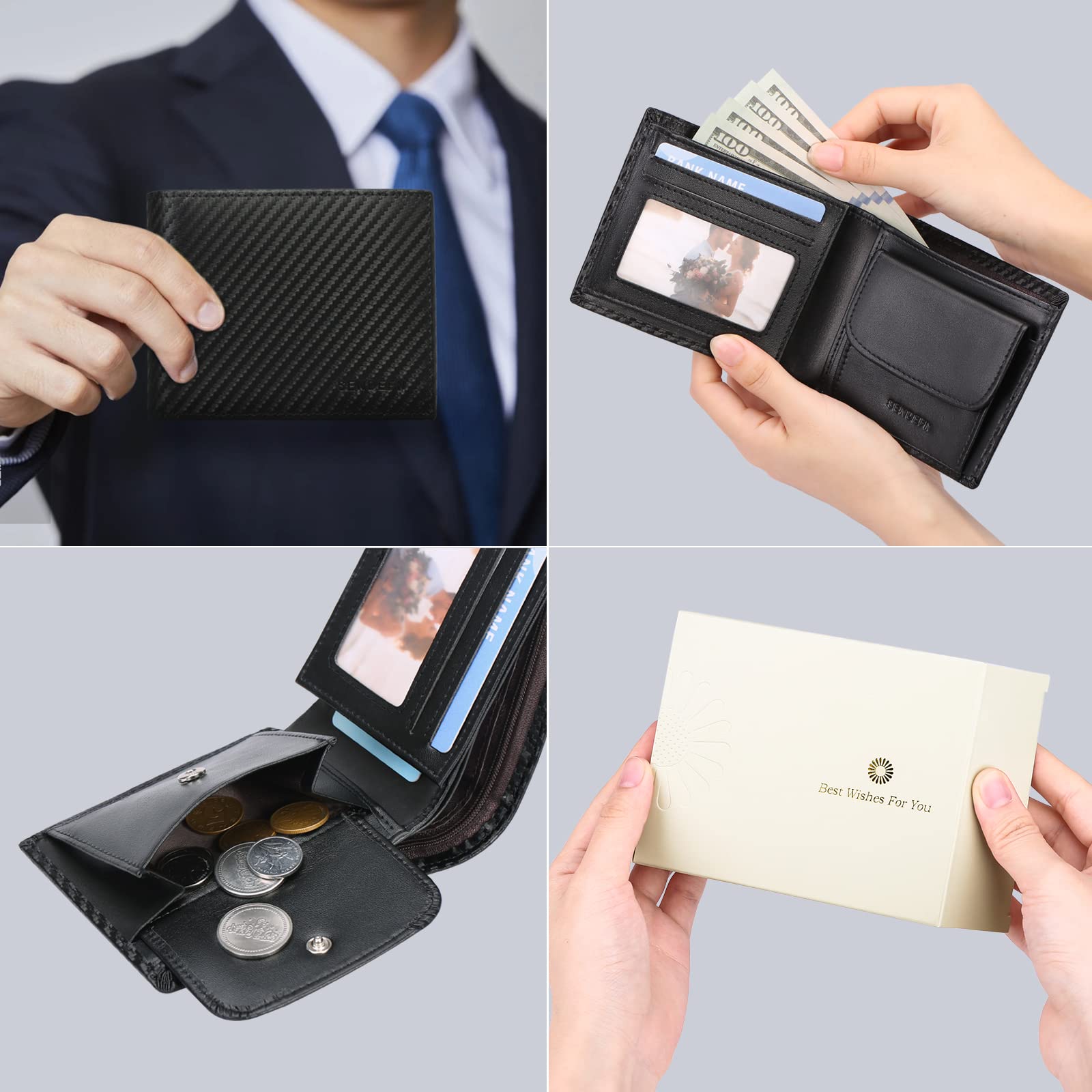 SendeFN - Cartera para Hombre, de Piel auténtica, portatarjetas con Bloqueo RFID, Almacenamiento de Monedas