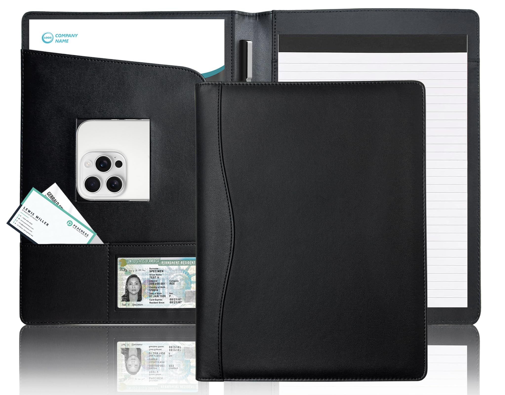 Leather Portfolio Folder Padfolio A4 Document Organizer with Card File Pad Pockets Interview Resume Conference Executive Writing Folder for Business Office School Conference Letter Presentation Black