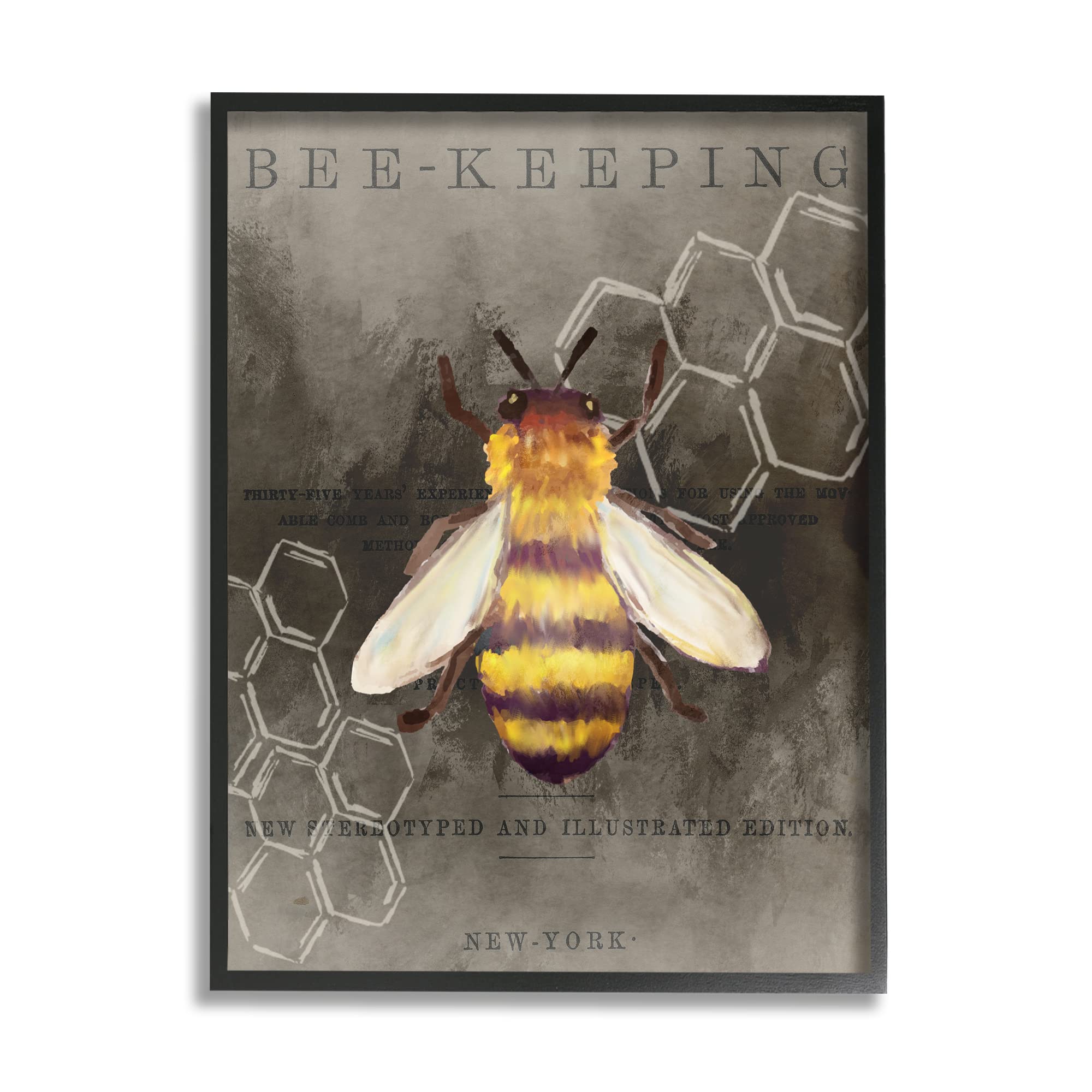 Stupell Industries Bee-Keeping Vintage New York Illustration Honey Comb Pattern Black Framed Wall Art, 24 x 30, Yellow