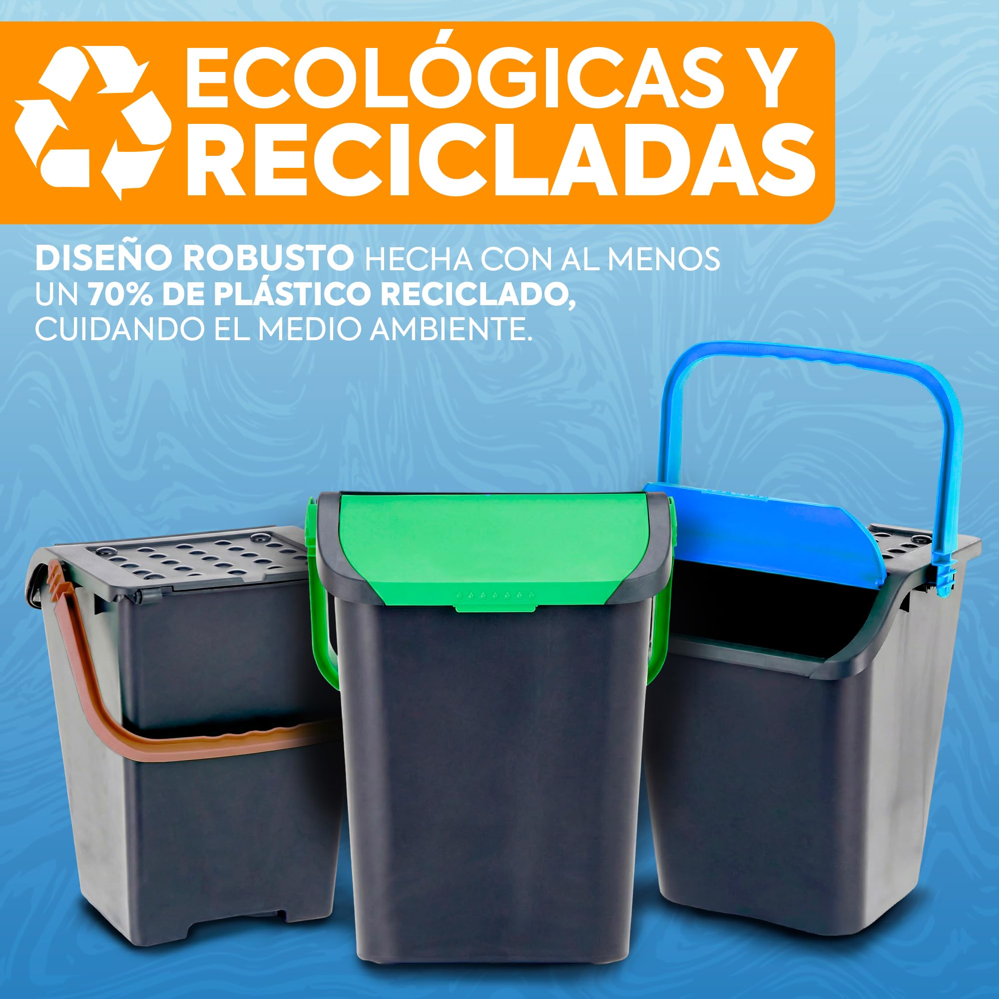 Pack 3 Cubos Basura 35 Litros Multicolor | Tapa Apilable Cocina