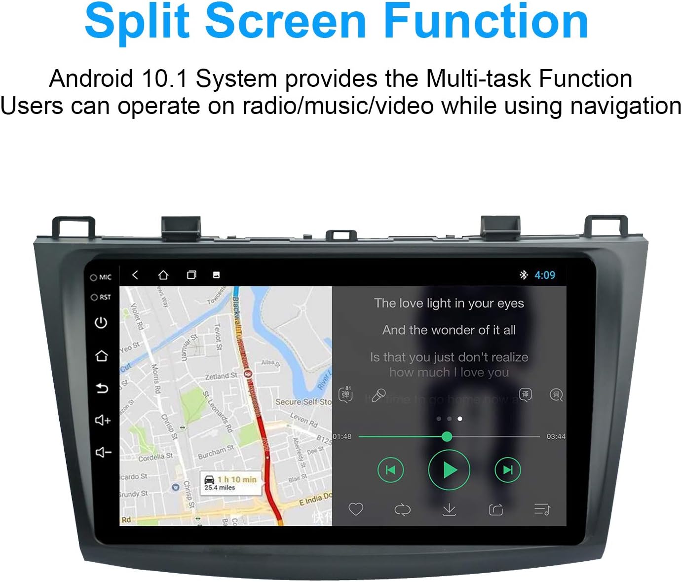Ezonetronics car stereo displaying two applications side-by-side in split-screen mode.