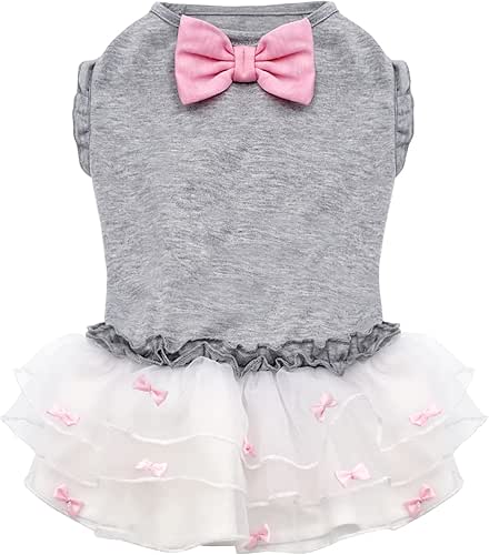 KYEESE Dogs Dress Grey with Pink Bowtie Pet Puppy Clothes