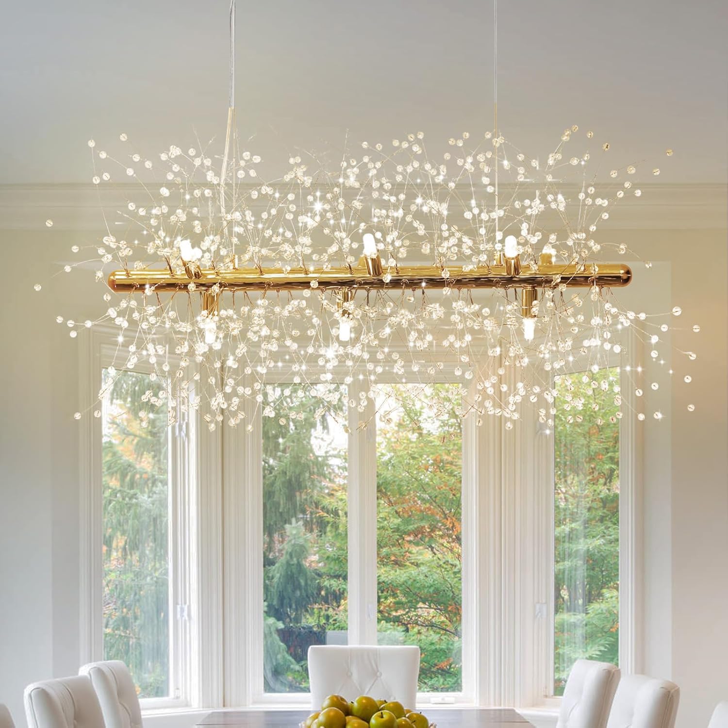 Współczesna lampa sufitowa LED Crystal Gold z 9 diodami w kształcie mniszka lekarskiego, 71 cm (28 cali), idealna do kuchni, jadalni i sypialni.