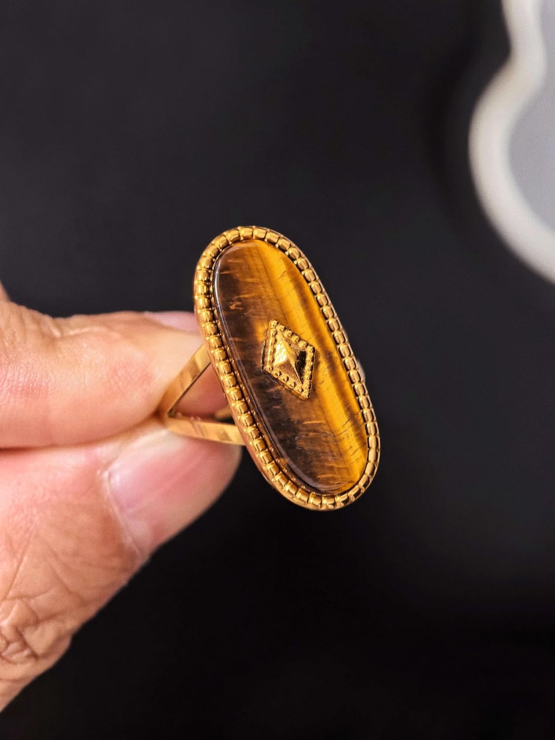 Tigers Eye Ring, Adjustable Stainless Steel Natural Stone Rings for Women, Vintage Chunky Gold Jewelry - Image 4