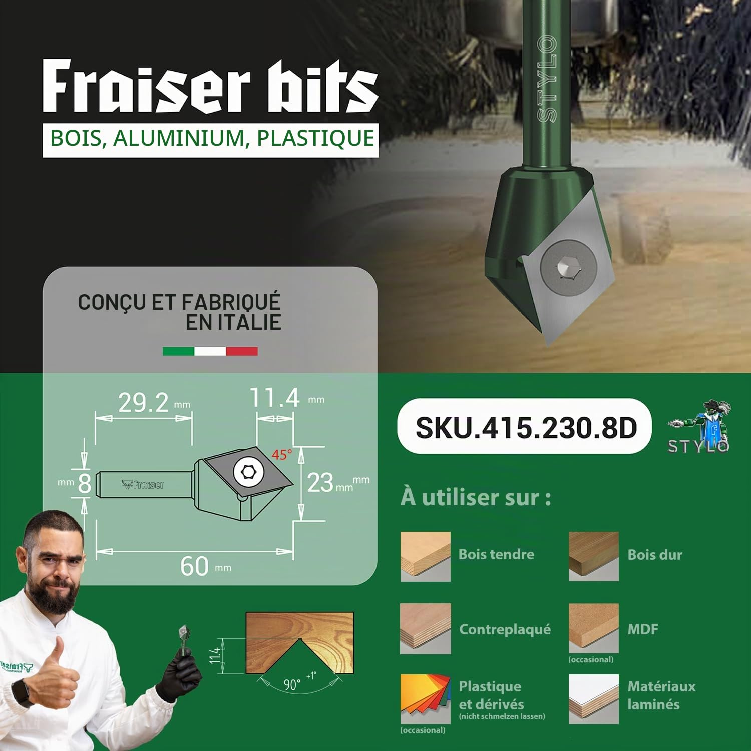 Fraiser Stylo - Fraise en V multifonction avec insert réversible pour gravure, chanfrein 45° et rainures en V 90°, queue 8 mm, pour CNC et défonceuse, bois, MDF et plastiques