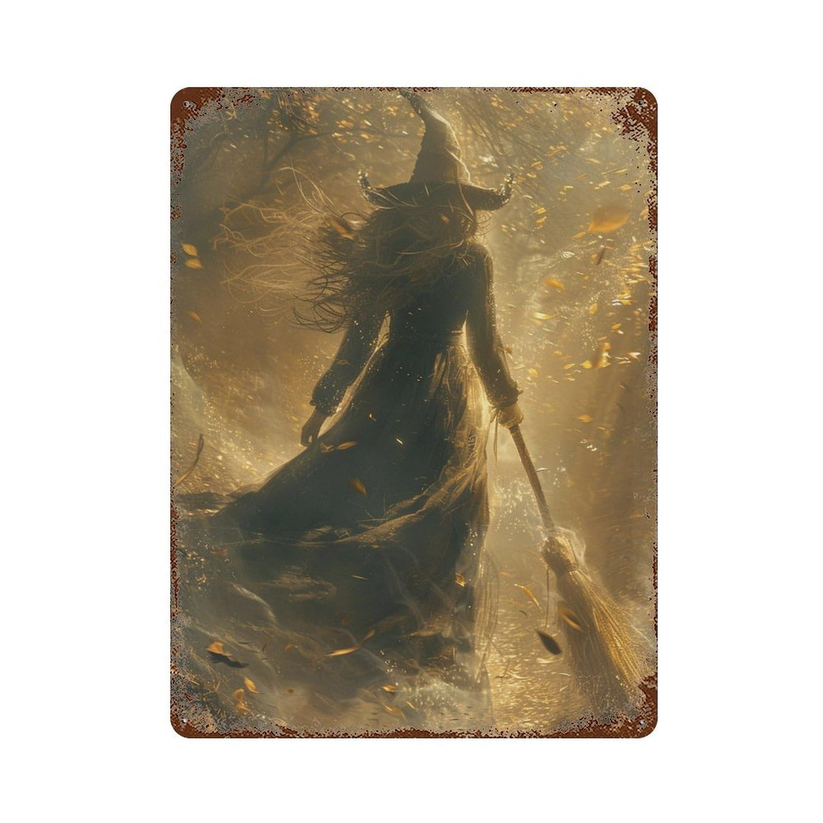 Weathered Tin Sign with Spooky Witch in Forest Design 15.7"x11.8", for Garage, Bar And Workshop Decor, Decorative Metal Wall Art