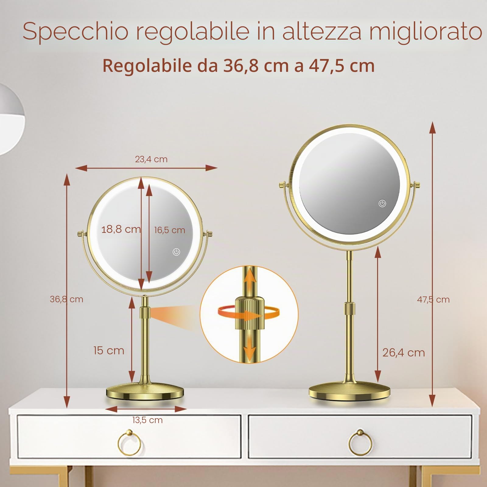 MATEPROX 8 Pollici Specchio da Trucco con Luci, Specchio Ingrandente 1X 10X, Girevole, Asta Regolabile con 3 Colori di Illuminazione, Sensore Touch, Supporta la Ricarica USB-Oro