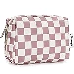 Narwey Small Checkered Makeup Bag for Purse Mini Pink Cosmetic Bag Travel Makeup Pouch Zipper Pouch Cute Make up Bags with Compartments for Women Girls (Dusty Rose Checkerboard, Small)