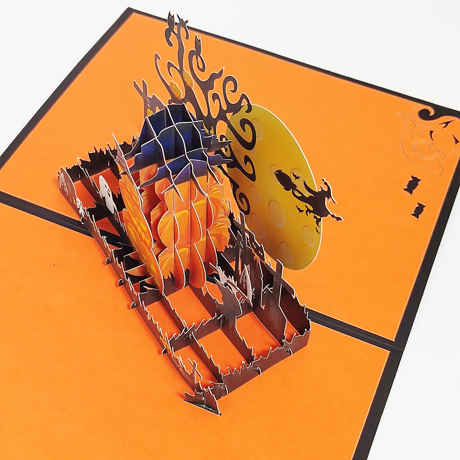 Happy halloween 3D Pop-Up cards Scary Pumpkin Faces Bats Witches Ghost Greeting Card, Black orange - Image 3