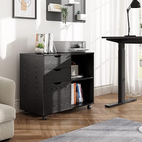Archivador de madera de 3 cajones con ruedas soporte de impresora con estantes de almacenamiento abiertos archivador lateral móvil para oficina en
