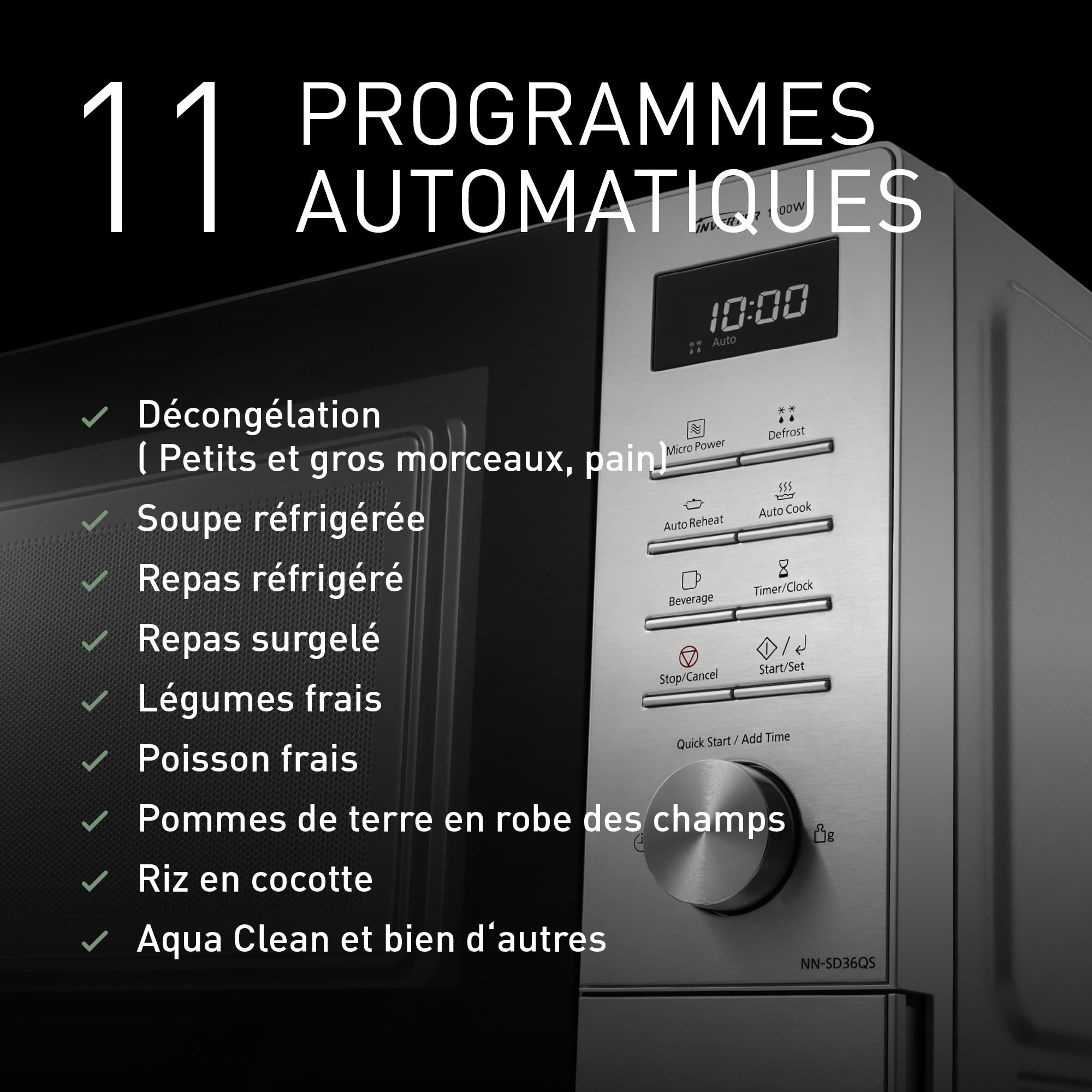 Panasonic NN-SD36QSEPG 29L Four à Micro-Ondes Solo en acier inoxydable, 1000W, Décongélation Automatique, 11 Programmes Automatiques, Molette