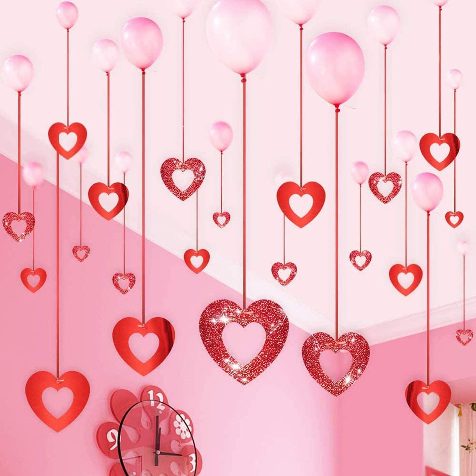 40 Pezzi Cuore a Spirale Pendenti Rosso Glitter Hanging Swirls, San Valentino Decorazioni Ghirlanda da Appendere del Soffitto per Romantico Festa di Matrimonio