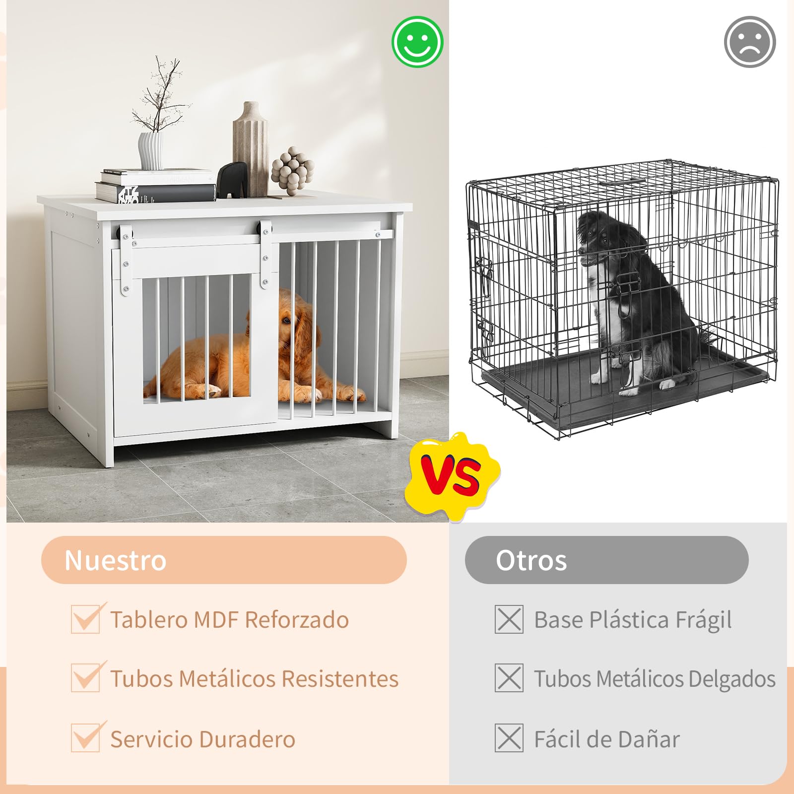 GOPLUS Jaula para Perros, Jaula para Mascotas con Bandeja Grande, Puerta Corrediza, Tubos Metálicos, Mueble Nido Interior para Perros Pequeños y Medianos, Mesa Auxiliar 80 x 60 x 60 CM (Blanco)