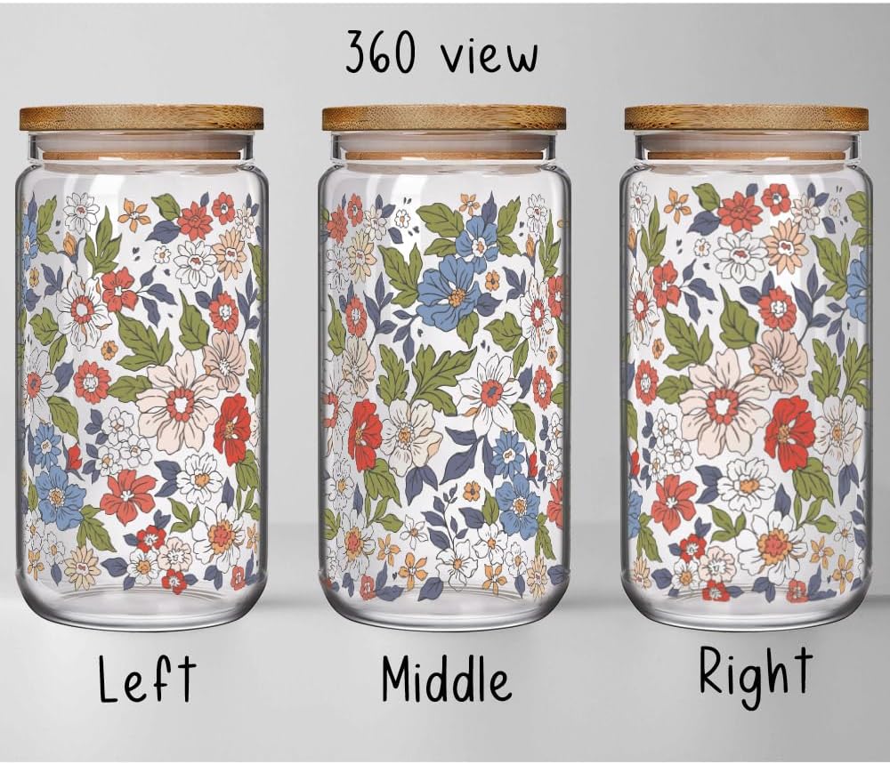 Aesthetic Flower16oz Glass Cups with Bamboo Lids and Straws Wildflower Gift for Girl Women, Cute Floral Drinking Glass with Brushes, Idea Gift for Christmas Birthday Mother Day Bridesmaid Party