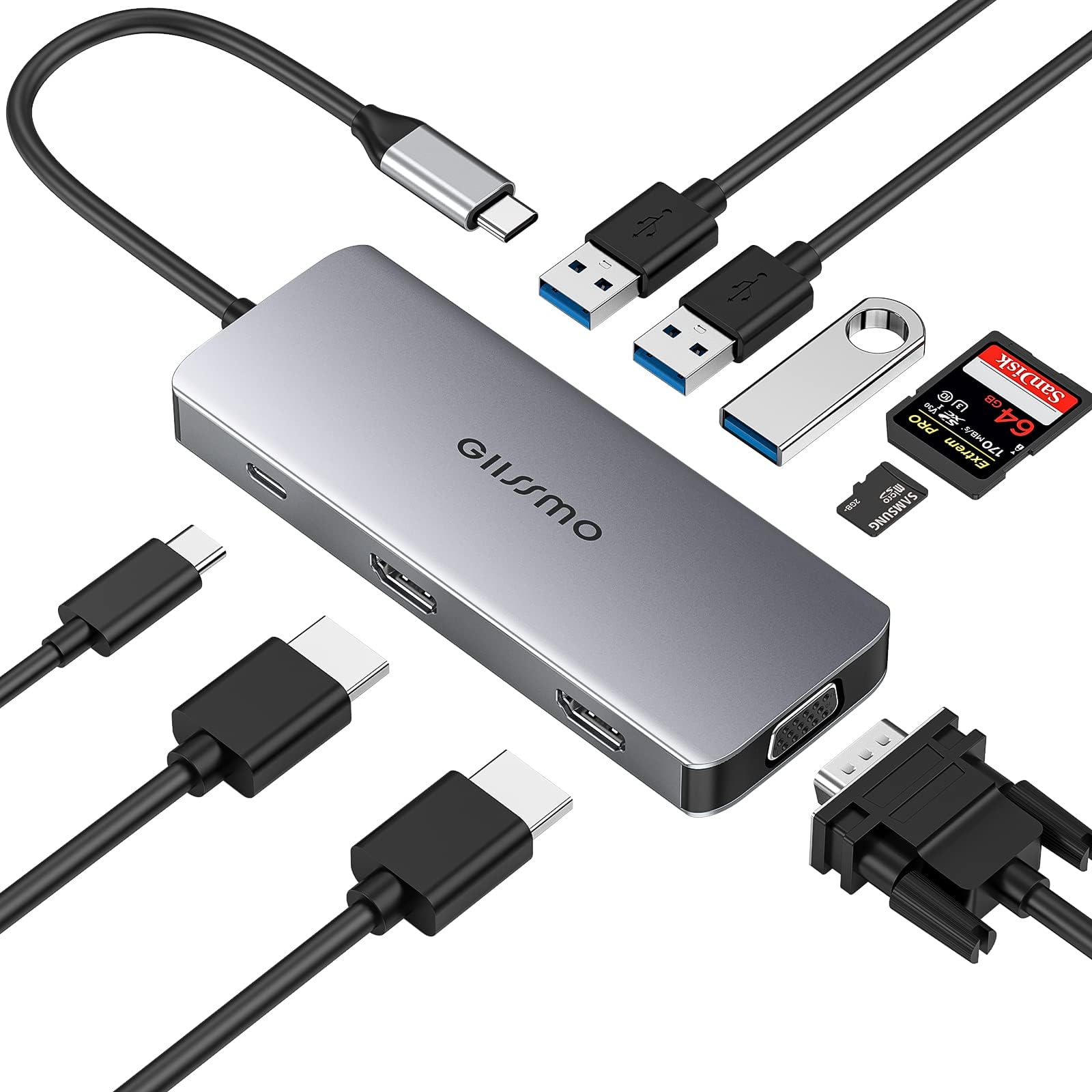 USB C Docking Station Dual Monitor, 9-in-1 Laptop Docking Station for Windows, Dual HDMI, VGA, 3 USB, PD, TF/SD Hub Adapter for MacBook HP Dell Lenovo Grey