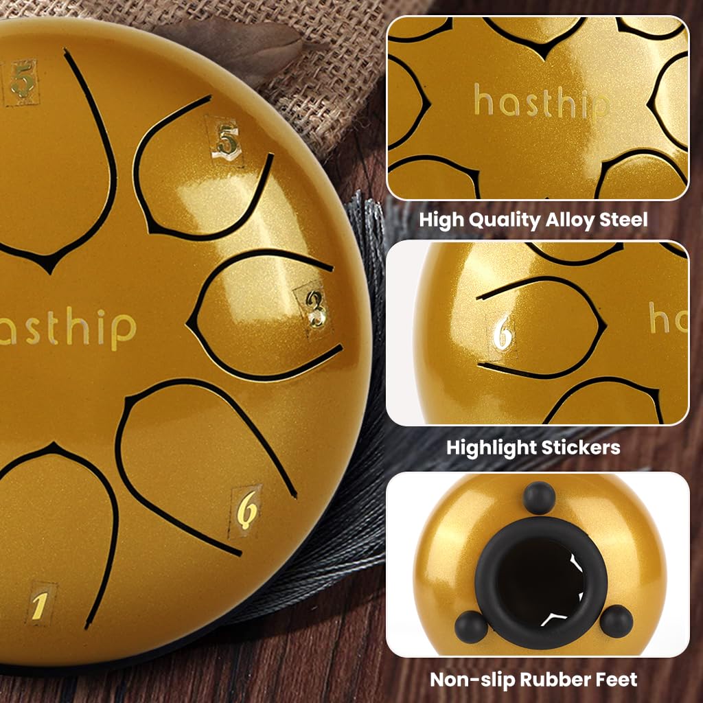 HASTHIP® 6-inch Steel Tongue Drum 8 Note, Percussion Instrument Handpan Drum with Bag, Music Book and Mallets for Kids and Adults Meditation Musical Education Concert Mind Healing Yoga (Gold) 2