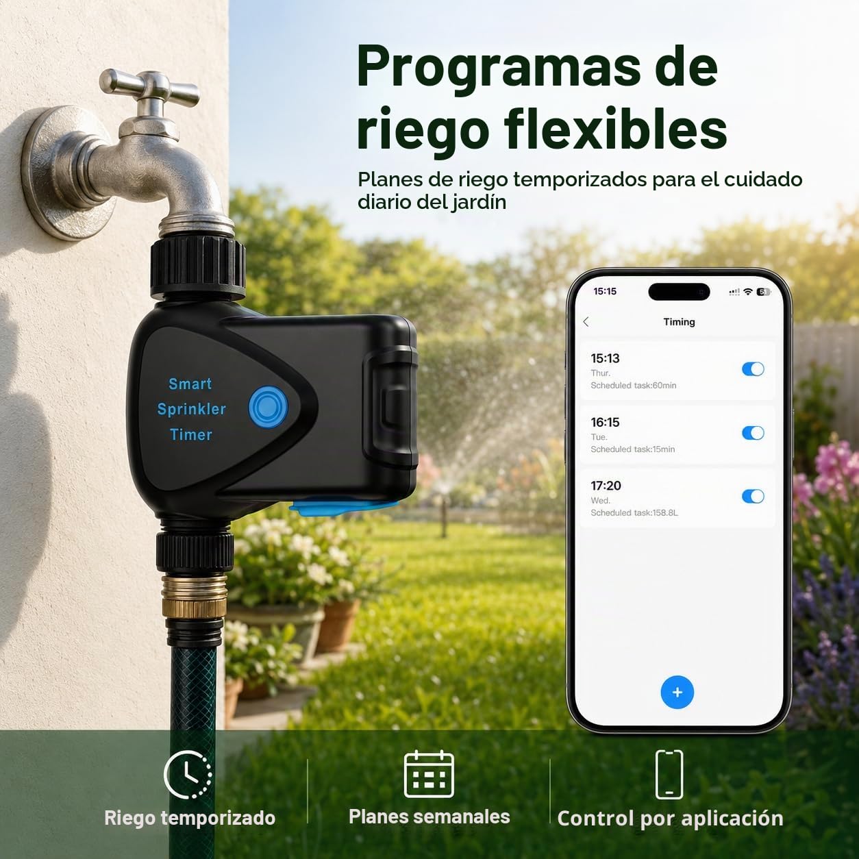 Temporizador de Riego WiFi con Medidor de Agua Integrado, Programador de Riego Inteligente sin Hub, Control por App 2,4 GHz, Riego por Volumen, Programación, IP65 para Jardín Césped Invernadero