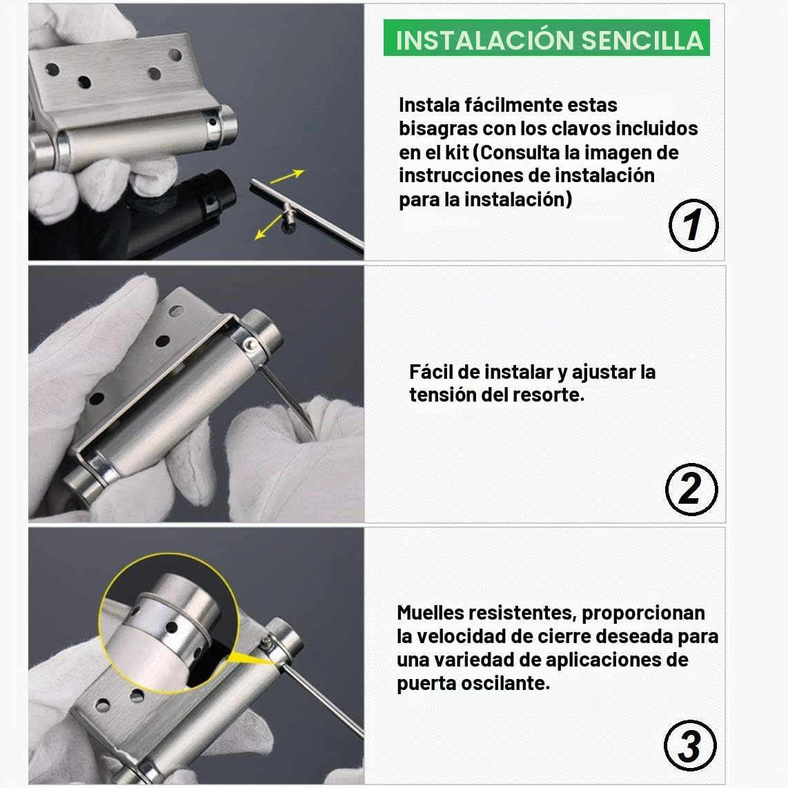 2 Piezas Bisagras para Puertas de Doble Acción Bisagras de Puertas de Acero Inoxidable de 3 Pulgadas Bisagras de Vaivén de 180 Grados Bisagras con Muelle para Puertas de Cocina Cafetería Bar