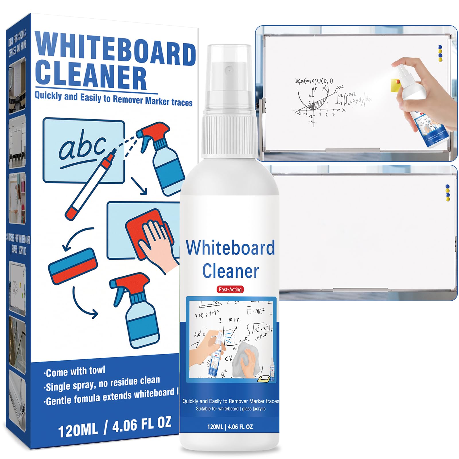 Limpiador de Pizarra Blanca en Spray (120 ml) con Toalla, Elimina Marcas y Residuos de Rotulador, Ideal para Escuelas, Oficinas y Aulas, Accesorio Esencial para Pizarras Blancas