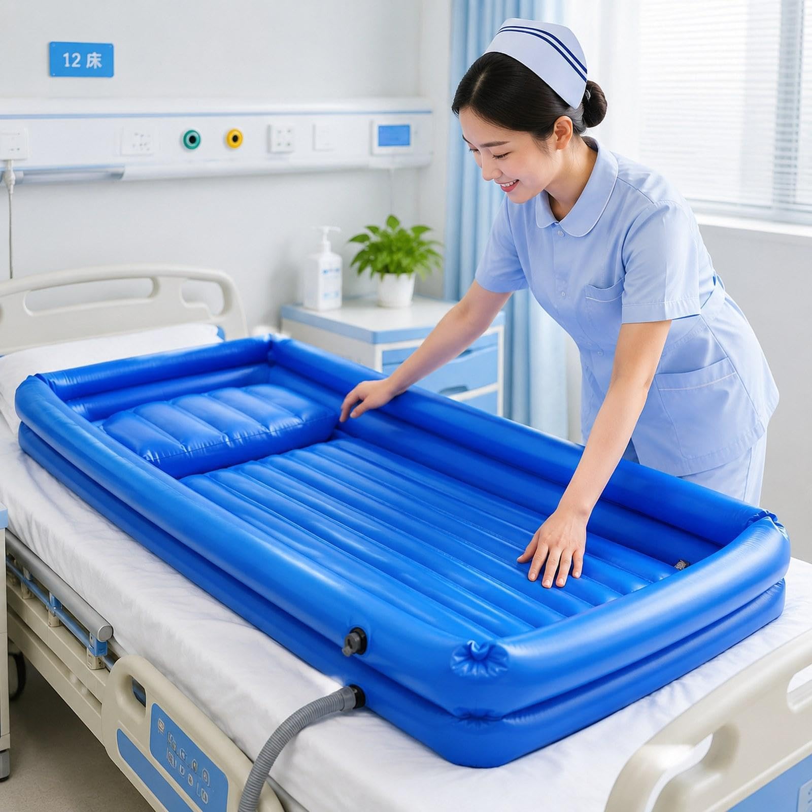 Bañera Inflable Portátil con Colchón para Cama Y Pacientes Ancianos, Equipada con Lavabo para Champú, Soporte para Cabezal Y Estructura de PVC, Azul