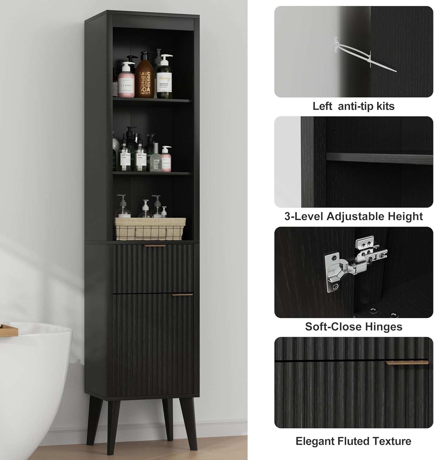 70" H Tall Storage Cabinet, Fluted Freestanding Floor Organizer for Bathroom, Kitchen Pantry, Utility Room, w/Drawer & Adjustable Shelves, Modern Accent in Black