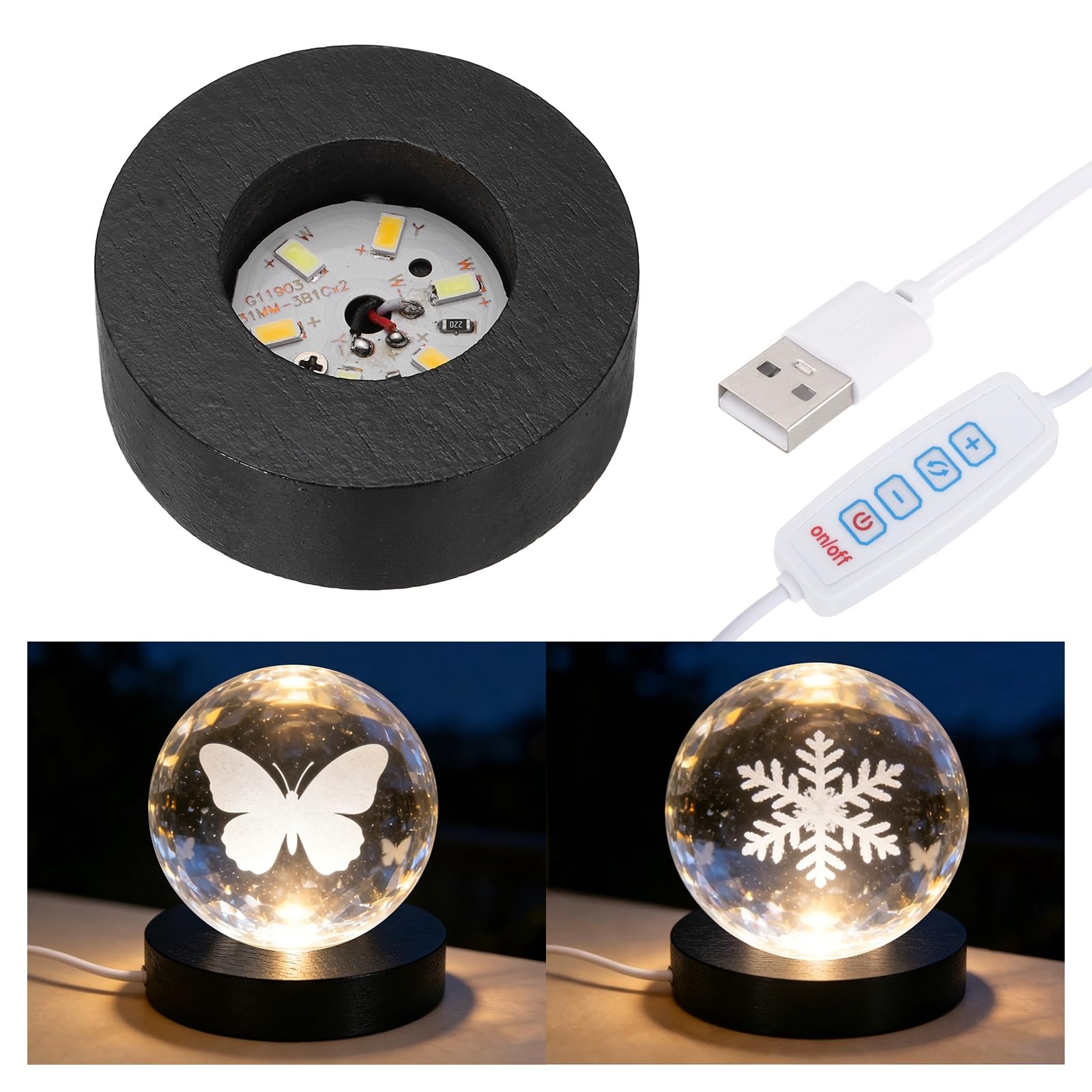 PATIKIL Black Wood LED Light Base 2.36" LED Light Stand Lighted Round Crystal Display Base for 3D Glass Art/Acrylic Art Resin Crafts Light Display Stand Room Home Decor, 3 Color Light
