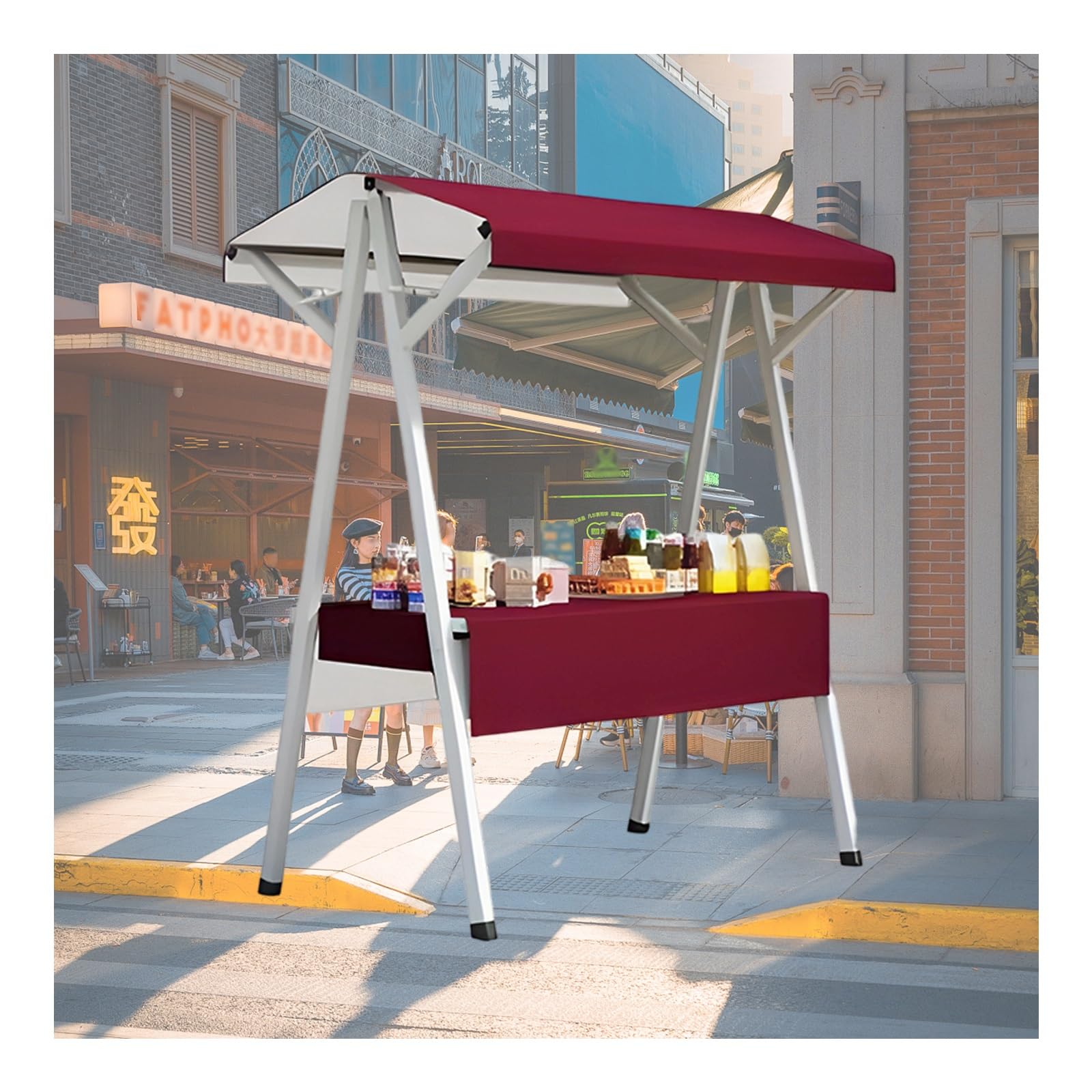 Carrello con tettoia a righe, chiosco mobile per mercatino, 4 ruote e parasole, protezione da vento e pioggia