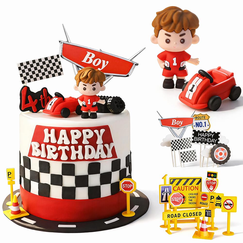 20Pcs Race Car Cake Decorations, Racing Car Decoration Kit, Racing Driver Figurine, Checkered Flags & Traffic Signs for Kids Boys Birthday, Baby Shower, Racing Theme Party Supplies Birthday Party