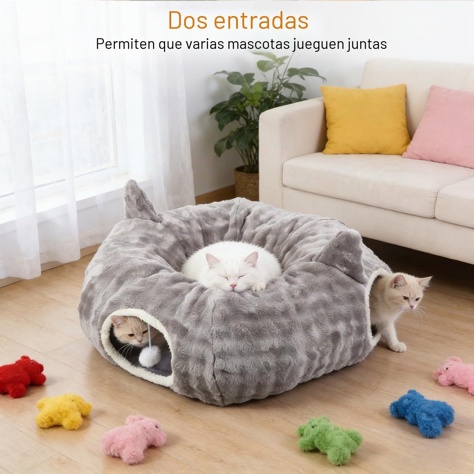 Tunel para Gatos, Túnel de Juego y Cama Gato 2 en 1 con Juguetes Colgantes, Cat Tunnel con 2 Entradas, Cojín Circular Lavable, Túnel para Gatos Plegable para Gatitos/Cachorros/Conejos